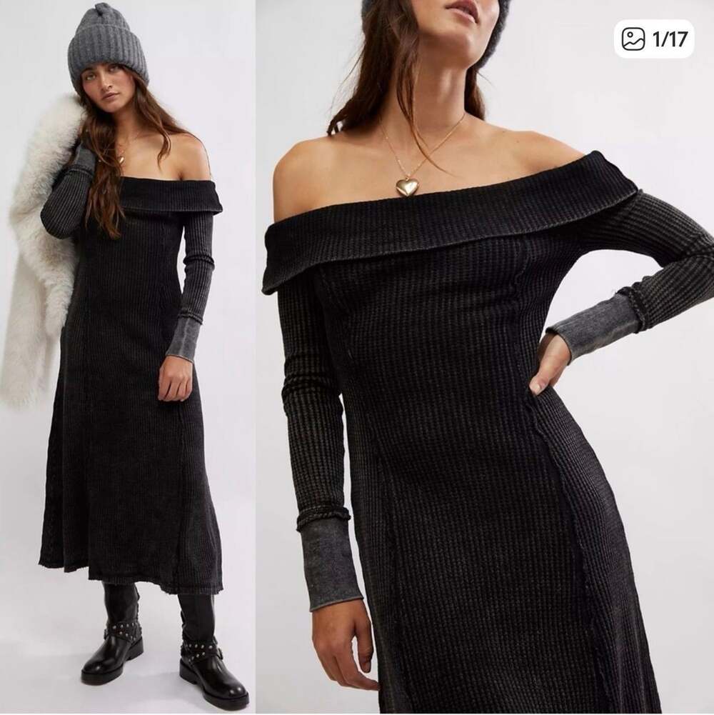 NWT $148 Free People M Monty Off the Shoulder Long Sleeve Cotton Midi Dress